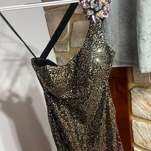 Faviana Black and Gold Sequin Maxi Dress